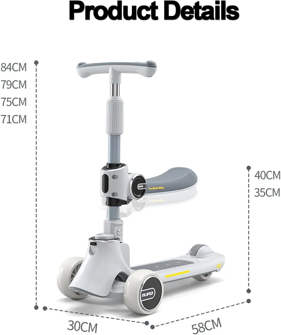 اسکوتر سه کاره کودک 3 در 1 با 3 چرخ فوق العاده پهن، اسباب بازی تاشو با ارتفاع/فرمان قابل تنظیم و صندلی تاشو برای کودکان 3 سال به بالا
