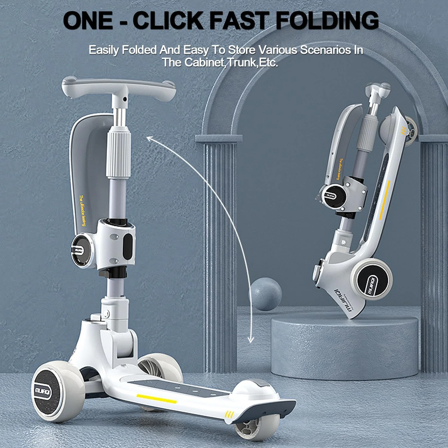 اسکوتر سه کاره کودک 3 در 1 با 3 چرخ فوق العاده پهن، اسباب بازی تاشو با ارتفاع/فرمان قابل تنظیم و صندلی تاشو برای کودکان 3 سال به بالا