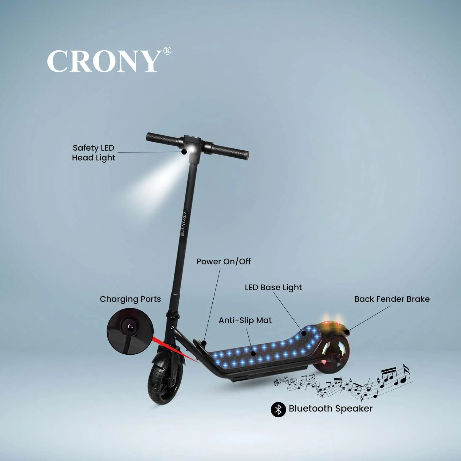 اسکوتر برقی کودکانه CRONY HL-B1، اسکوتر سبک وزن تاشو، سرعت 10-14 کیلومتر در ساعت، برد 5-8 کیلومتر، نمایشگر بزرگ LED، چراغ زیر پایی، بلندگوی بلوتوث، باتری قابل شارژ، عرشه ضد لغزش اسکوتر برقی کودکانه CRONY HL-B1، اسکوتر سبک وزن تاشو، سرعت 10-14 کیلومتر در ساعت، برد 5-8 کیلومتر، نمایشگر بزرگ LED، چراغ زیر پایی، بلندگوی بلوتوث، باتری قابل شارژ، عرشه ضد لغزش