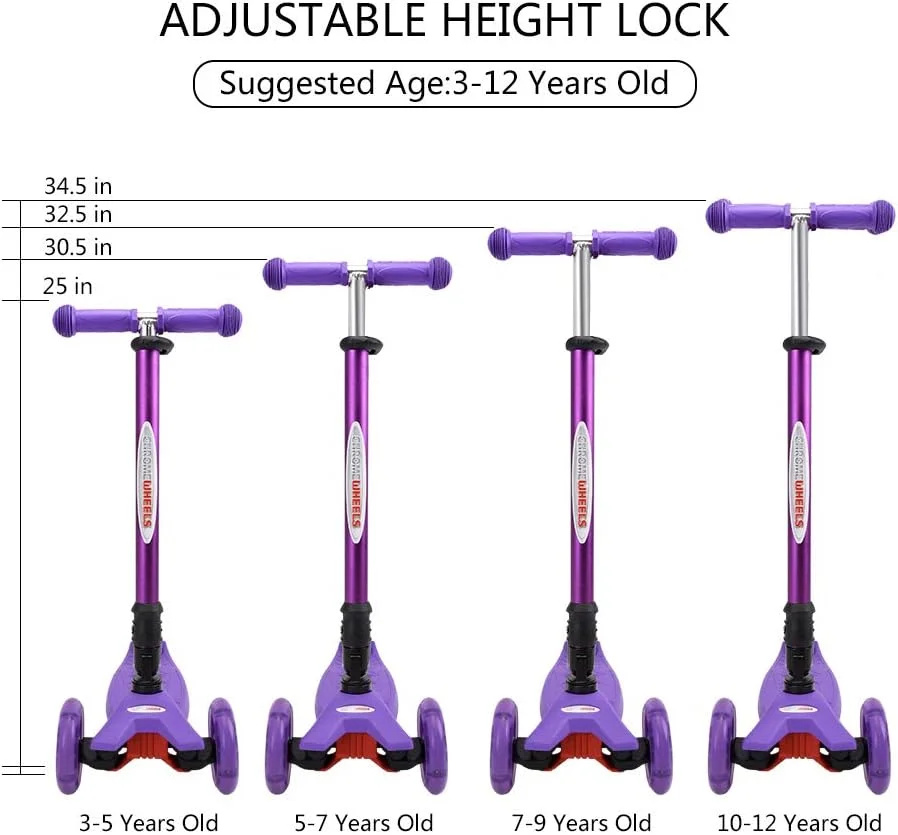 اسکوتر ChromeWheels برای کودکان، اسکوتر ضربه ای تاشو لوکس با 4 ارتفاع قابل تنظیم، محدودیت وزن 60 کیلوگرم، 3 چرخ، فرمان متمایل با چرخ های LED روشن، بهترین هدیه برای دختران و پسران 3-12 ساله