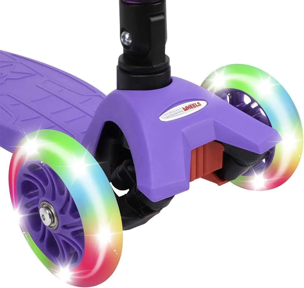 اسکوتر ChromeWheels برای کودکان، اسکوتر ضربه ای تاشو لوکس با 4 ارتفاع قابل تنظیم، محدودیت وزن 60 کیلوگرم، 3 چرخ، فرمان متمایل با چرخ های LED روشن، بهترین هدیه برای دختران و پسران 3-12 ساله
