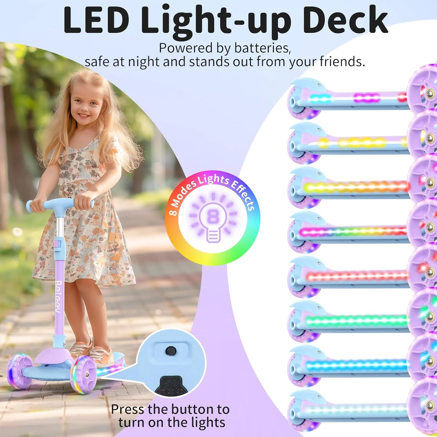 اسکوتر کودکانه BELEEV A9 با چرخهای LED روشن و عرشه، اسکوتر تاشو 3 چرخ برای کودکان پسر و دختر 3-12 ساله، فرمان قابل تنظیم، فرمان متمایل به جلو، چرخهای فوقالعاده پهن اسکوتر کودکانه BELEEV A9 با چرخهای LED روشن و عرشه، اسکوتر تاشو 3 چرخ برای کودکان پسر و دختر 3-12 ساله، فرمان قابل تنظیم، فرمان متمایل به جلو، چرخهای فوقالعاده پهن