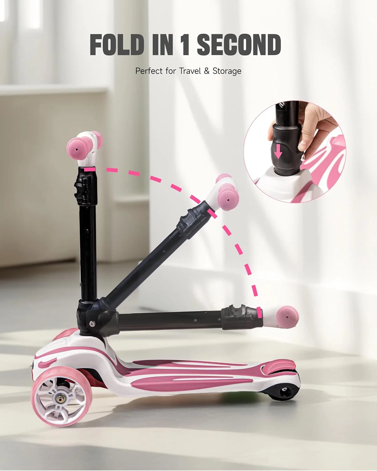 اسکوتر 3 چرخ کودکانه | ارتفاع قابل تنظیم و تاشو با چراغ LED | ظرفیت 50 کیلوگرم | اسکوتر تاشو برای کودکان 3-12 سال | اسکوتر ضربه ای برای پسران و دختران | جذب شوک و فرمان دهی با تکیه دادن