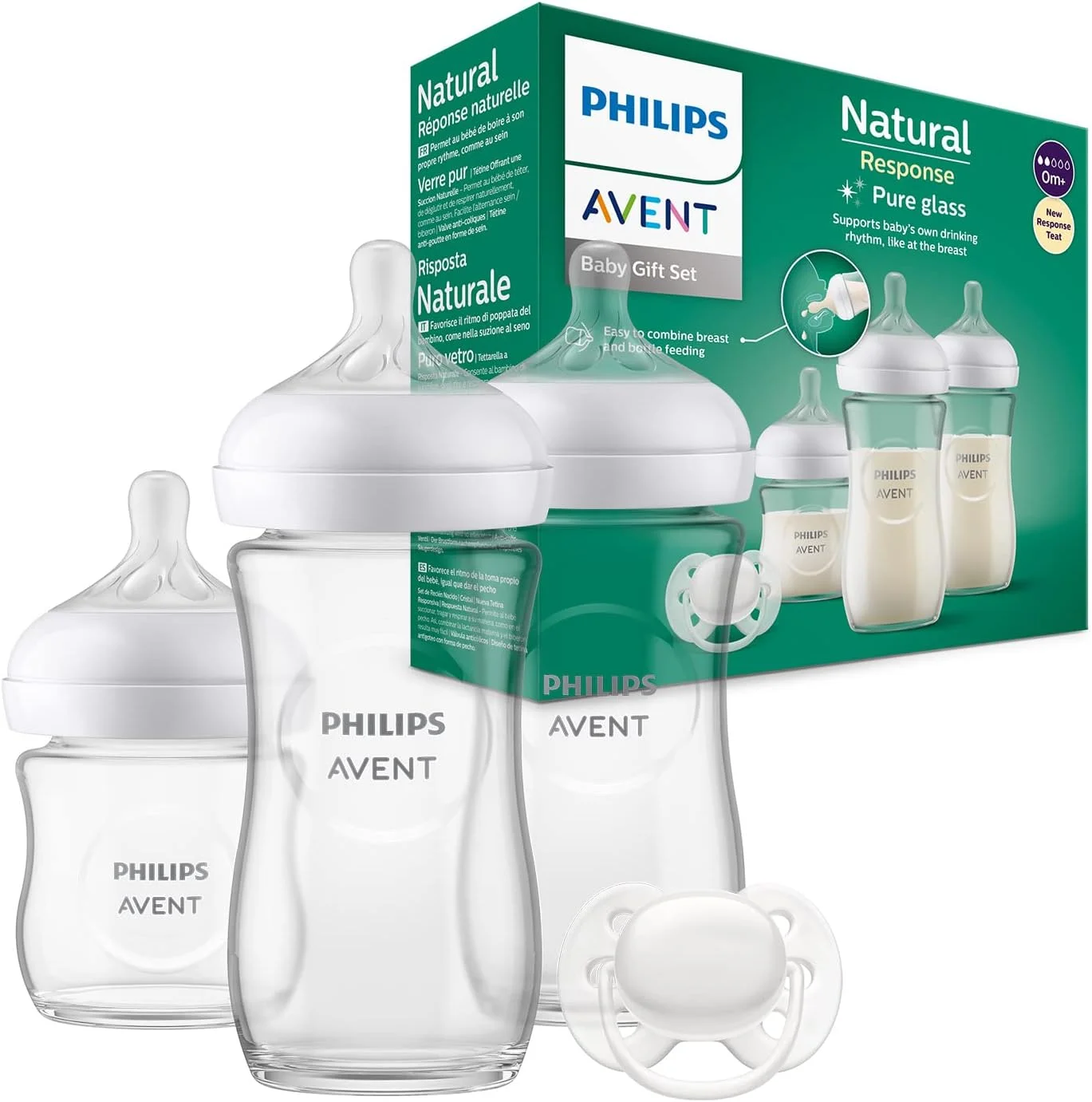ست هدیه شیشه شیر نوزاد شیشه ای Philips Avent - 3 شیشه شیر کودک، پستانک فوق العاده نرم برای نوزادان 0-6 ماهه (مدل SCD878/11)