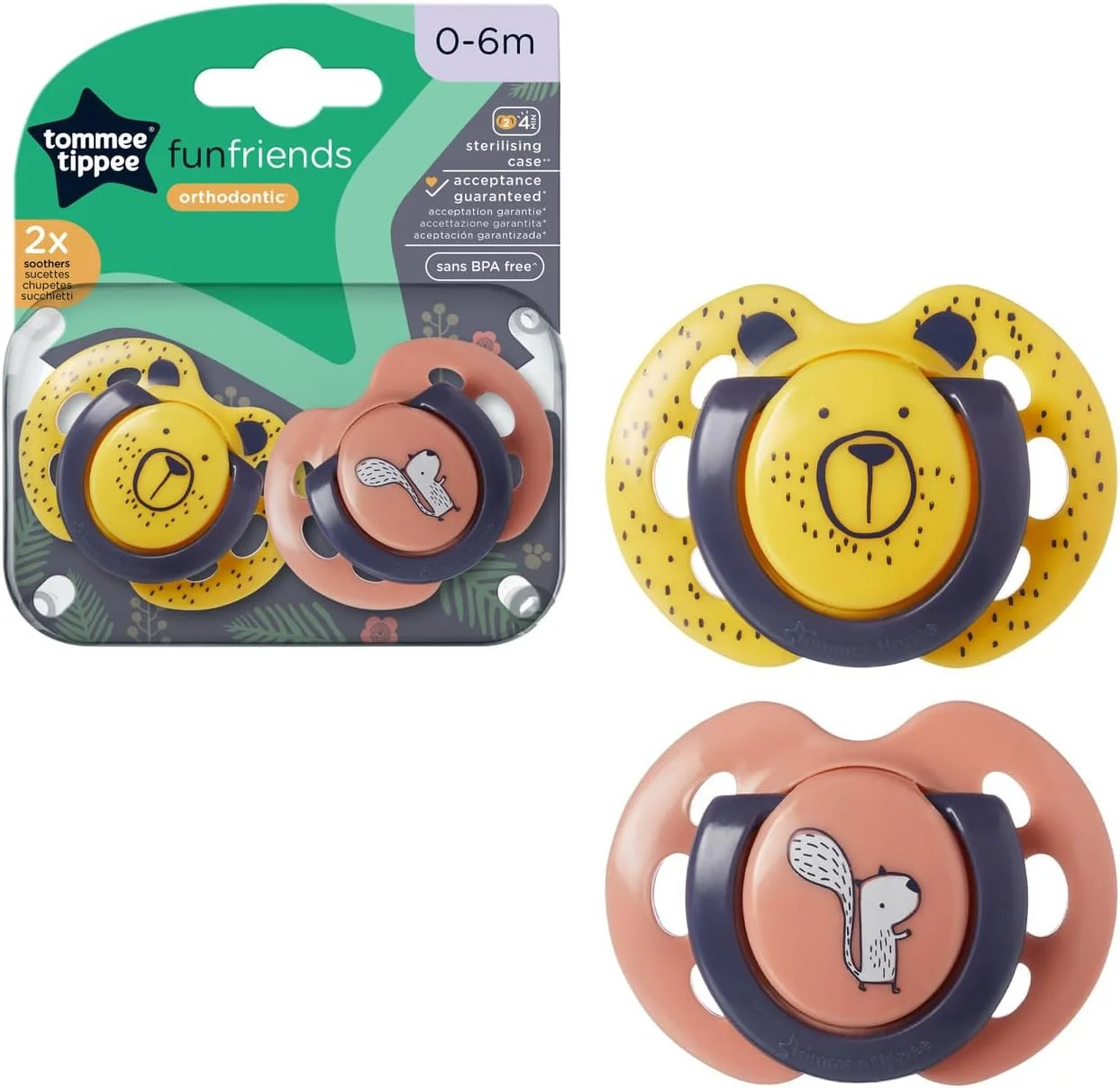 پستانک ارتودنسی تامی تیپی مدل Fun Style مناسب نوزادان 0-6 ماه، طراحی متقارن، سیلیکون فاقد BPA، شامل جعبه استریل کننده، بسته 2 عددی، زرد