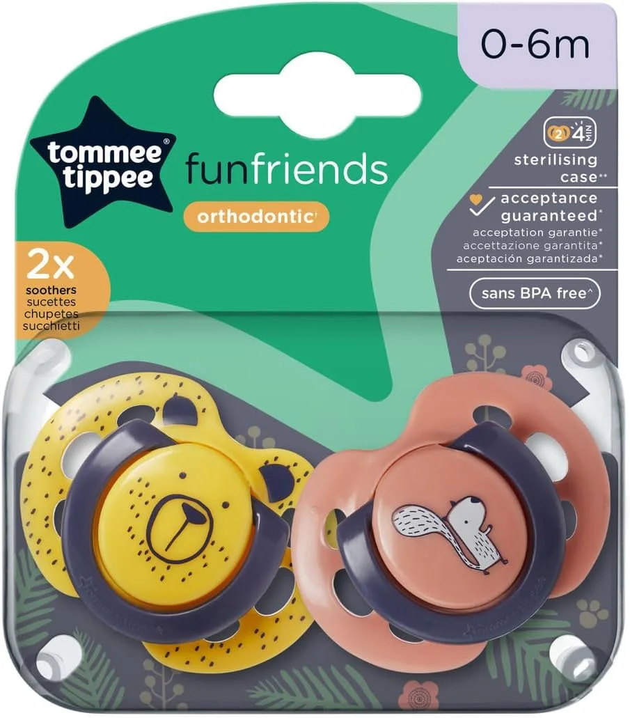 پستانک ارتودنسی تامی تیپی مدل Fun Style مناسب نوزادان 0-6 ماه، طراحی متقارن، سیلیکون فاقد BPA، شامل جعبه استریل کننده، بسته 2 عددی، زرد پستانک ارتودنسی تامی تیپی مدل Fun Style مناسب نوزادان 0-6 ماه، طراحی متقارن، سیلیکون فاقد BPA، شامل جعبه استریل کننده، بسته 2 عددی، زرد