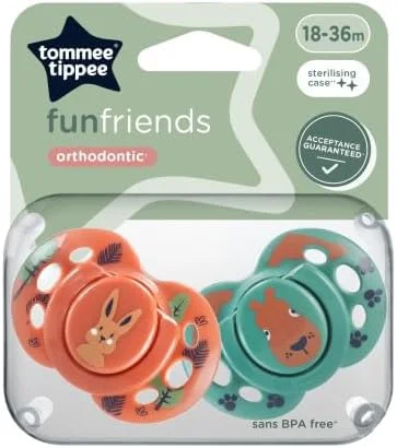 پستانک ارتودنسی تامی تیپی مدل Fun Style، طراحی متقارن، سرپستانکی سیلیکونی بدون BPA، شامل جعبه استریل کننده، 18-36 ماه، بسته 2 عددی، نارنجی-سبز