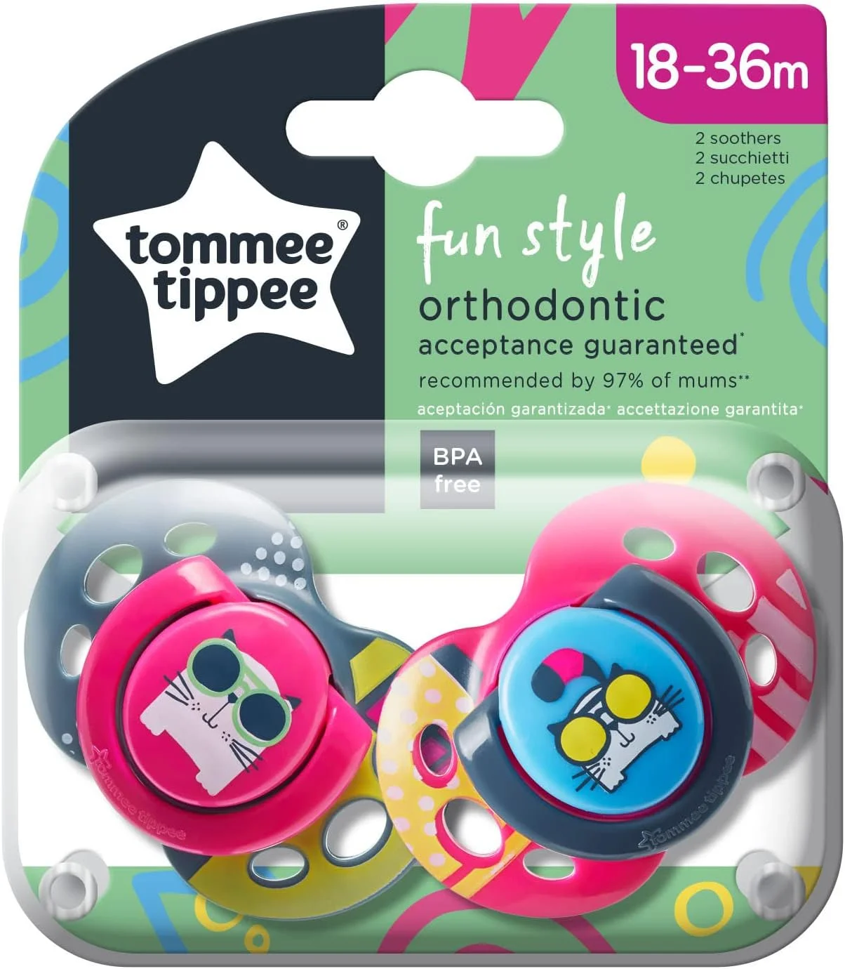 پستانک ارتودنسی تامی تیپی مدل Fun Style مناسب نوزادان، طراحی متقارن، سر سیلیکونی فاقد BPA، شامل جعبه استریل کننده، 18-36 ماه، بسته 2 عددی، رنگ ها و طرح ها متنوع پستانک ارتودنسی تامی تیپی مدل Fun Style مناسب نوزادان، طراحی متقارن، سر سیلیکونی فاقد BPA، شامل جعبه استریل کننده، 18-36 ماه، بسته 2 عددی، رنگ ها و طرح ها متنوع