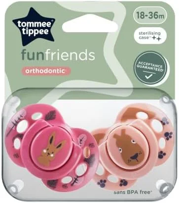 پستانک تامی تیپی مدل Fun Friends، طراحی ارتدنسی متقارن، سرپستانکی سیلیکونی فاقد BPA، شامل جعبه استریل کننده، 18-36 ماه، بسته 2 عددی
