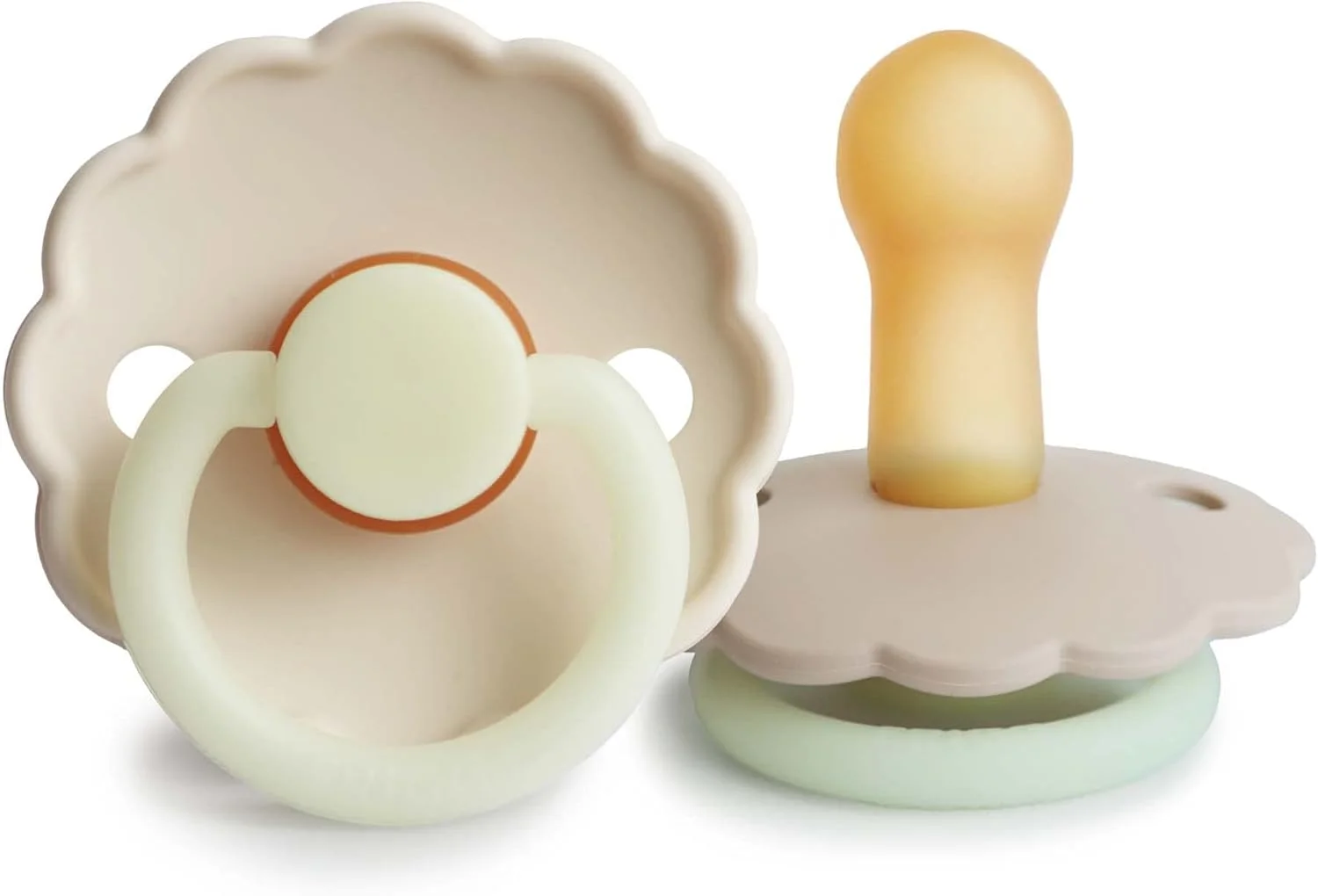 پستانک ارتودنسی نوزاد FRIGG مدل Daisy از جنس لاتکس، سایز 2 (مناسب 6 تا 18 ماه) - بسته 2 عددی، رنگ کرم شب/کروسان شب
