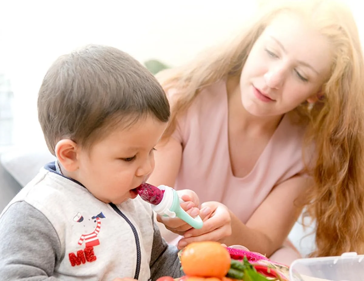 ECVV پستانک غذای کودک 2 عددی با 3 عدد سرپستانک سیلیکونی جایگزین، اسباب بازی دندان گیر میوه تازه برای نوزادان و کودکان نوپا ECVV پستانک غذای کودک 2 عددی با 3 عدد سرپستانک سیلیکونی جایگزین، اسباب بازی دندان گیر میوه تازه برای نوزادان و کودکان نوپا