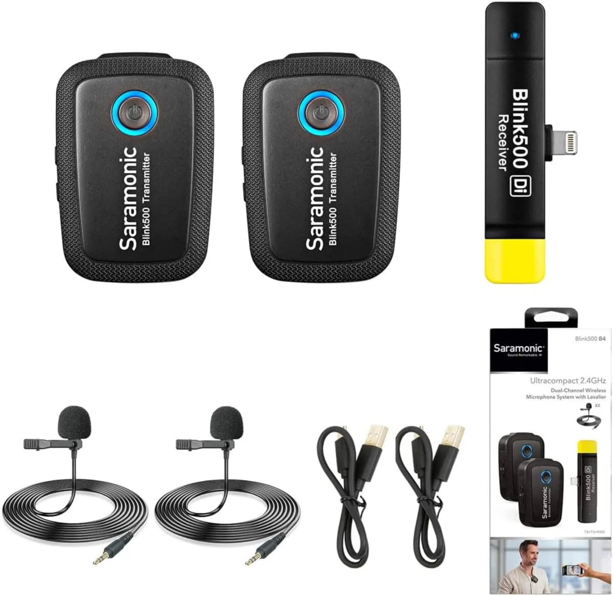 سیستم میکروفون بی‌سیم گیره‌ای دو نفره سارامونیک BLINK500B4 فوق‌العاده فشرده 2.4 گیگاهرتز با میکروفون یقه‌ای و گیرنده لایتنینگ دو کاناله بدون باتری برای آیفون و آیپد اپل، مشکی