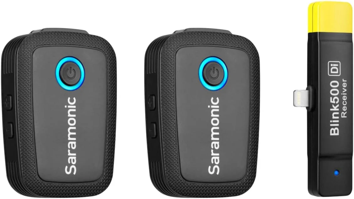 سیستم میکروفون بی‌سیم گیره‌ای دو نفره سارامونیک BLINK500B4 فوق‌العاده فشرده 2.4 گیگاهرتز با میکروفون یقه‌ای و گیرنده لایتنینگ دو کاناله بدون باتری برای آیفون و آیپد اپل، مشکی