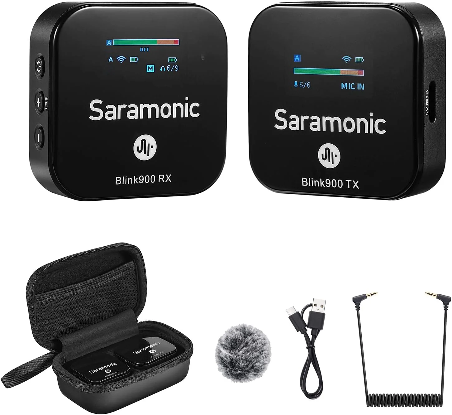 سیستم میکروفون یقه ای بی سیم Saramonic Blink900 B1 با برد بی سیم 200 متری و صفحه نمایش OLED برای دوربین های DSLR کانن نیکون، دوربین فیلمبرداری، برای مصاحبه، ولاگ، تیک تاک، ویدیوهای یوتیوب، جمع آوری اخبار