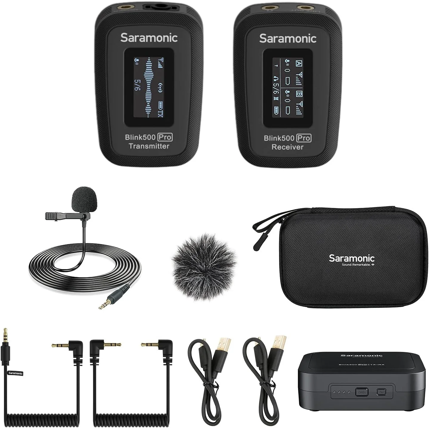 میکروفون یقه ای بی سیم سارامونیک مدل 2021 Blink500 Pro B1 با جعبه شارژ، نمایشگر OLED و خروجی هدفون 3.5 میلی متری برای دوربین های DSLR، دوربین های فیلمبرداری، تلفن های هوشمند، تبلت ها، کامپیوترها، یوتیوب و فیس بوک لایو