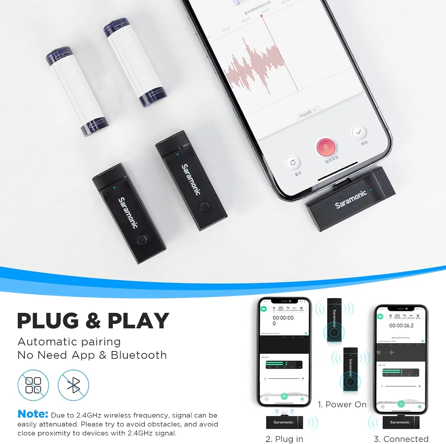 میکروفون های یقه ای بی سیم سارامونیک Blink Go برای دستگاه های آیفون، آیپد و iOS، دارای گواهینامه MFi، حذف نویز، میکروفون کوچک یقه ای لایتنینگ کلیپسی برای ضبط ویدیو و پادکست