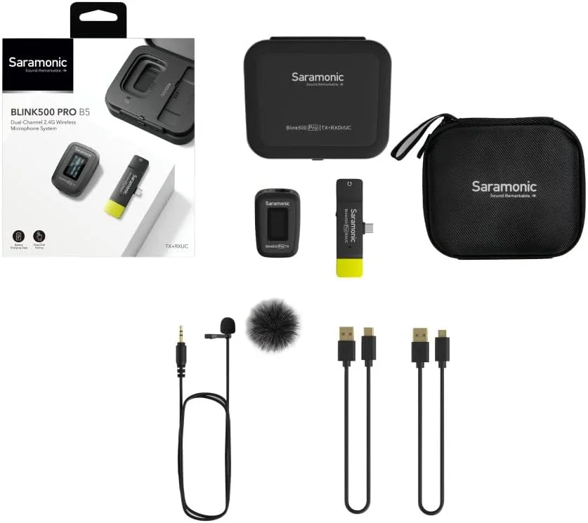 سیستم میکروفون بی‌سیم گیره‌ای پیشرفته 2.4 گیگاهرتزی سارامونیک به همراه میکروفون یقه‌ای و گیرنده دو کاناله USB-C برای گوشی‌های هوشمند یا تبلت‌های اندرویدی، کامپیوترها و آیپد پرو یا ایر (BLINK500PROB5)، مشکی