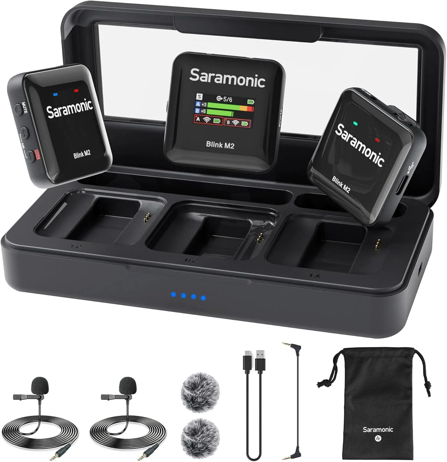 میکروفون یقه‌ای بی‌سیم سارامونیک Blink M2 برای دوربین‌ها، ضبط داخلی، برد 200 متری، عمر باتری 12 ساعته، میکروفون کوچک گیره‌ای با قابلیت حذف نویز برای ضبط ویدیو، مصاحبه و پخش زنده