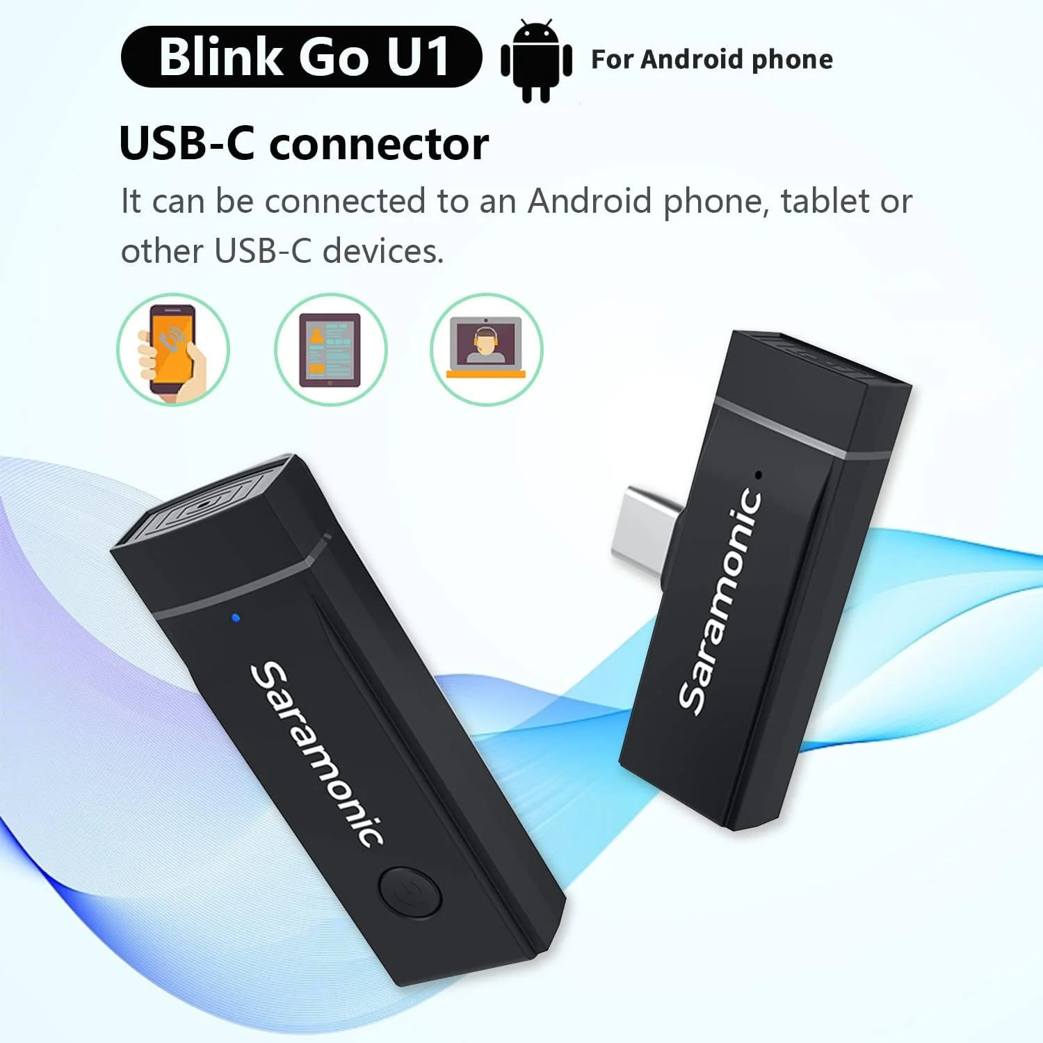 میکروفون بی سیم سارامونیک برای اندروید، میکروفون یقه ای بی سیم Blink GO-U1 با حذف نویز برای دستگاه های سامسونگ/ال جی/پیکسل/اندروید Type-C، مناسب برای یوتیوب، ولاگ، فیس بوک، پخش زنده و مصاحبه