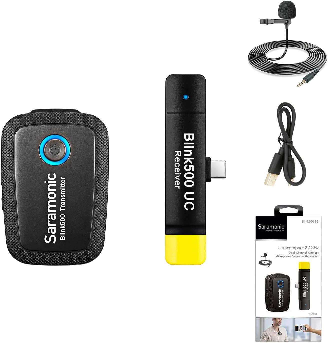 سیستم میکروفون یقه ای بی سیم فوق فشرده سارامونیک Blink500 B5 2.4GHz با گیرنده USB Type-C بدون باتری و Plug&Play برای Samsung Galaxy، LG، HTC Google و سایر دستگاه های USB-C Type، MRB50B55