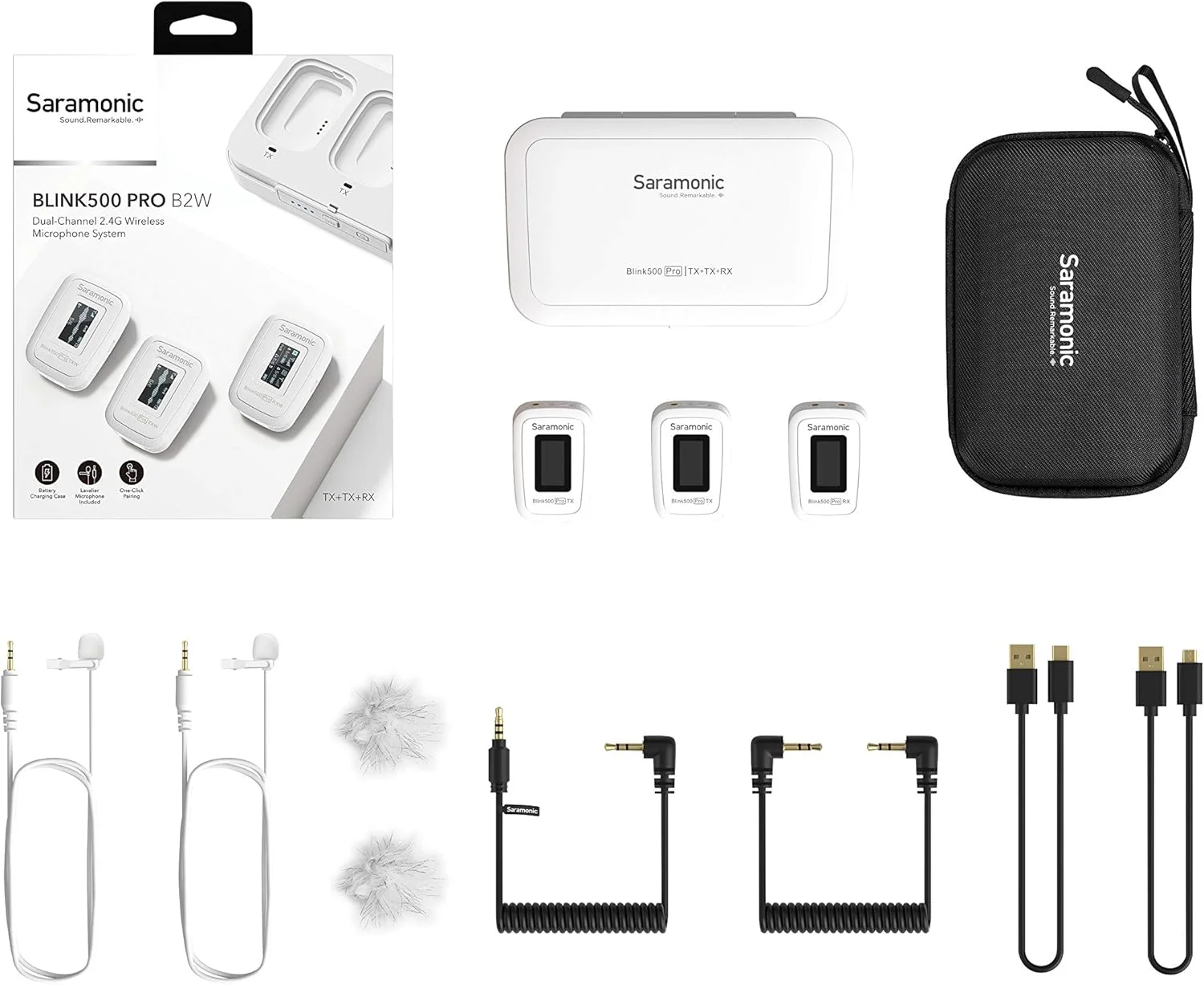 سیستم میکروفون بی‌سیم دو نفره گیره‌ای سارامونیک Snow White Advanced 2.4 GHz با میکروفون‌های یقه‌ای برای دوربین‌ها، دستگاه‌های موبایل و موارد دیگر (Blink 500 Pro B2 Snow White) (BLINK500PROB2W)