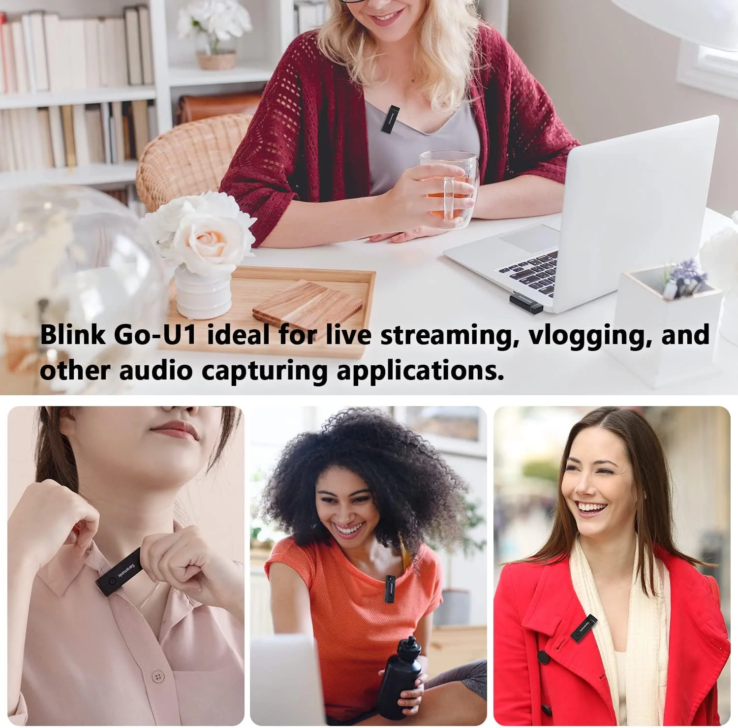 میکروفون یقه ای بی سیم USB-C سارامونیک برای ولاگ، سازگار با سامسونگ، آیفون 13، سیستم میکروفون یقه ای Blink GO-U1 برای دستگاه های اندرویدی، تبلت ها، آیپد پرو، کامپیوترهای شخصی، گوگل پیکسل، شیائومی