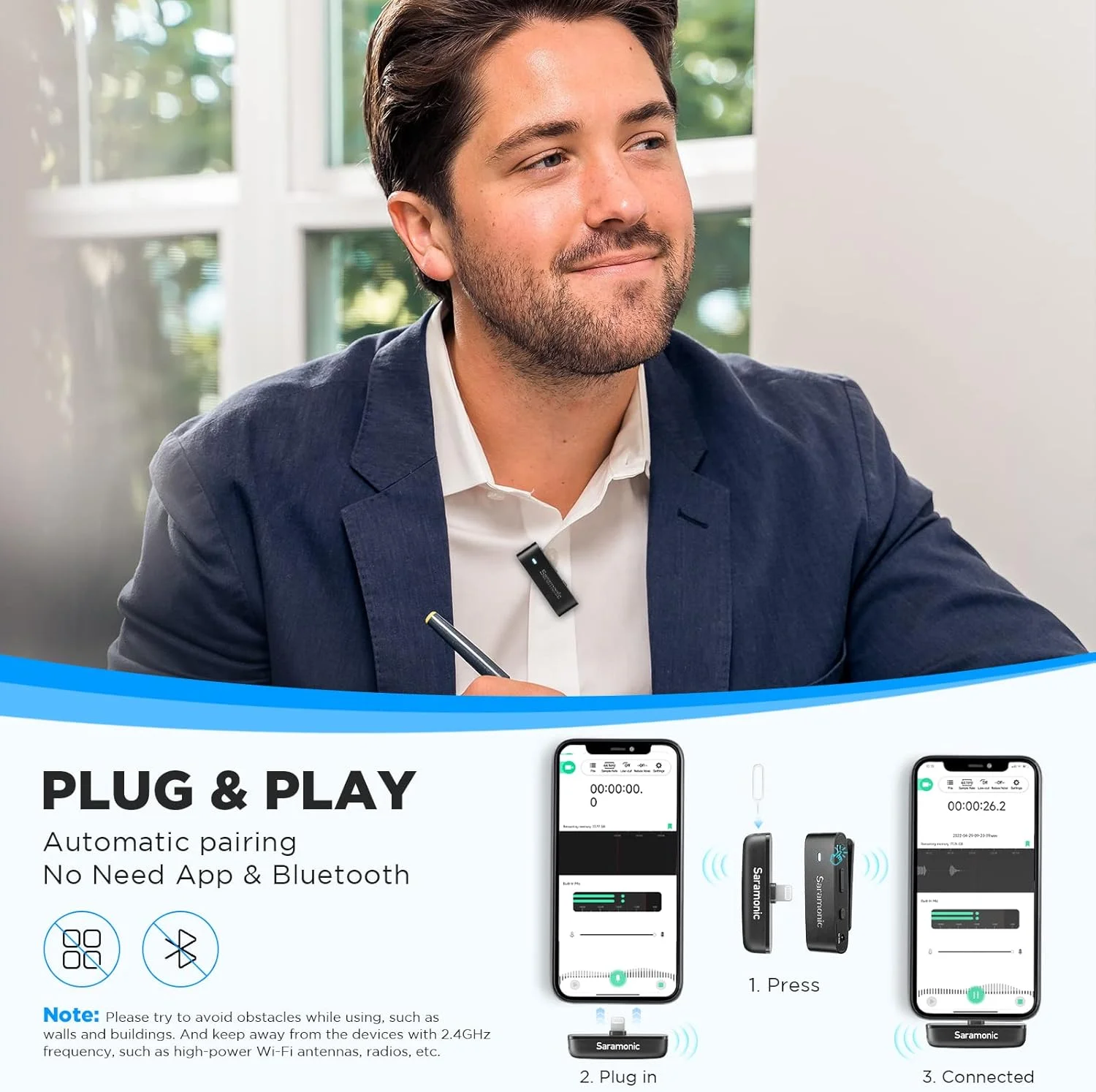 میکروفون یقه ای بی سیم سارامونیک Blink300 B3 برای آیفون، آیپد و تلفن، دارای گواهی MFi، حذف نویز، انتقال 50 متری، میکروفون بی سیم لاوالیر پادکست برای ضبط ویدیو، ولاگ میکروفون یقه ای بی سیم سارامونیک Blink300 B3 برای آیفون، آیپد و تلفن، دارای گواهی MFi، حذف نویز، انتقال 50 متری، میکروفون بی سیم لاوالیر پادکست برای ضبط ویدیو، ولاگ