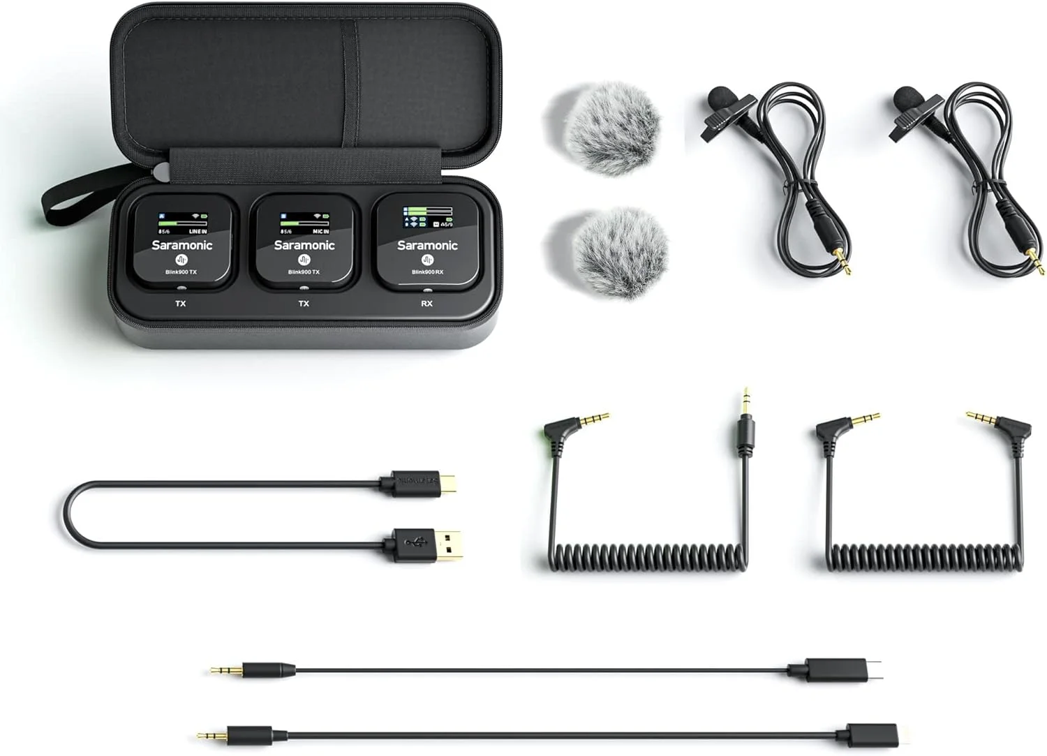 سیستم میکروفون بی‌سیم دو نفره سارامونیک با لاوالیرهای پریمیوم برای دوربین‌ها، دستگاه‌های موبایل و موارد دیگر با جعبه شارژ و کابل‌های خروجی TRS، TRRS، Lightning، USB-C (Blink 900 B2) (Blink900 B2)، مشکی