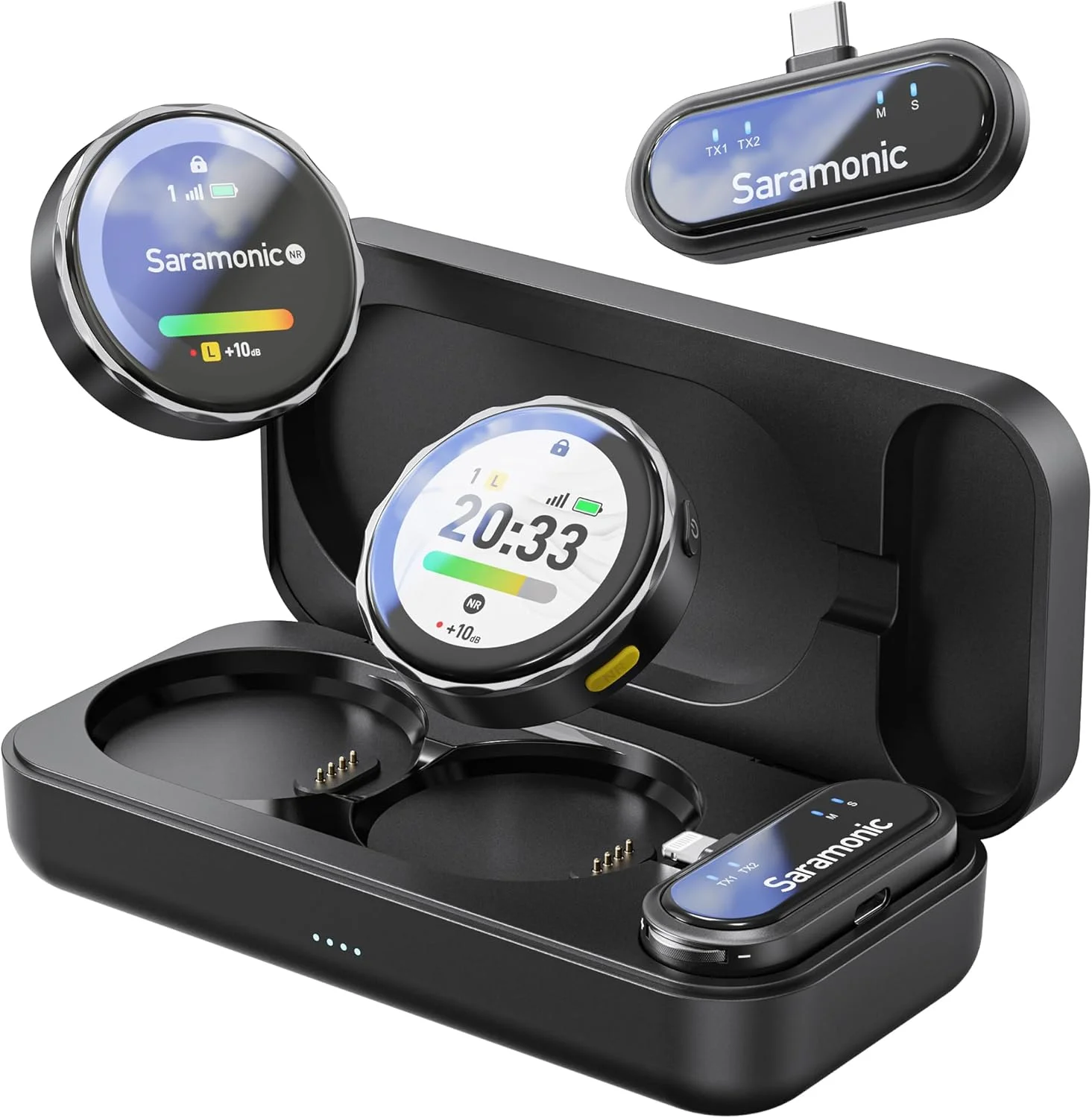 میکروفون یقه ای بی سیم سارامونیک BlinkMe U2 برای گوشی های هوشمند اندروید Type C و آیفون 15 با قابلیت حذف نویز، باتری 8 ساعته، برد 100 متری، میکروفون لاوالیر بی سیم برای پخش زنده و ضبط ویدیو