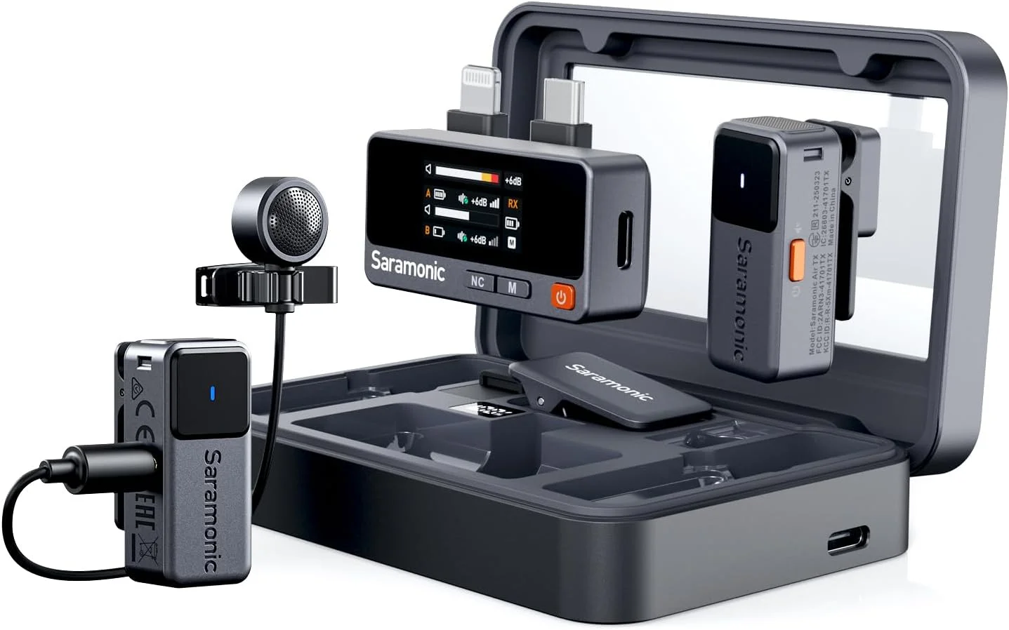 میکروفون یقه ای بی سیم دو نفره سارامونیک Air 2 مناسب آیفون/دوربین/اندروید/کامپیوتر 24 بیت/48 کیلوهرتز، حذف نویز، محدود کننده، خروجی هدفون، حداکثر SPL 120dB، برای استریمینگ، یوتیوب، مصاحبه، ولاگ