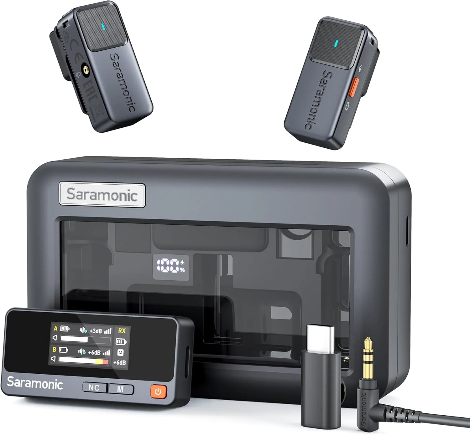 میکروفون یقه ای بی سیم سارامونیک ایر برای آیفون و اندروید (2TX + USB-C RX + جعبه شارژ)، حذف نویز، 300 متر، میکروفون مینی برای تیک تاک، یوتیوب، پخش زنده، مصاحبه، پادکست، ولاگ