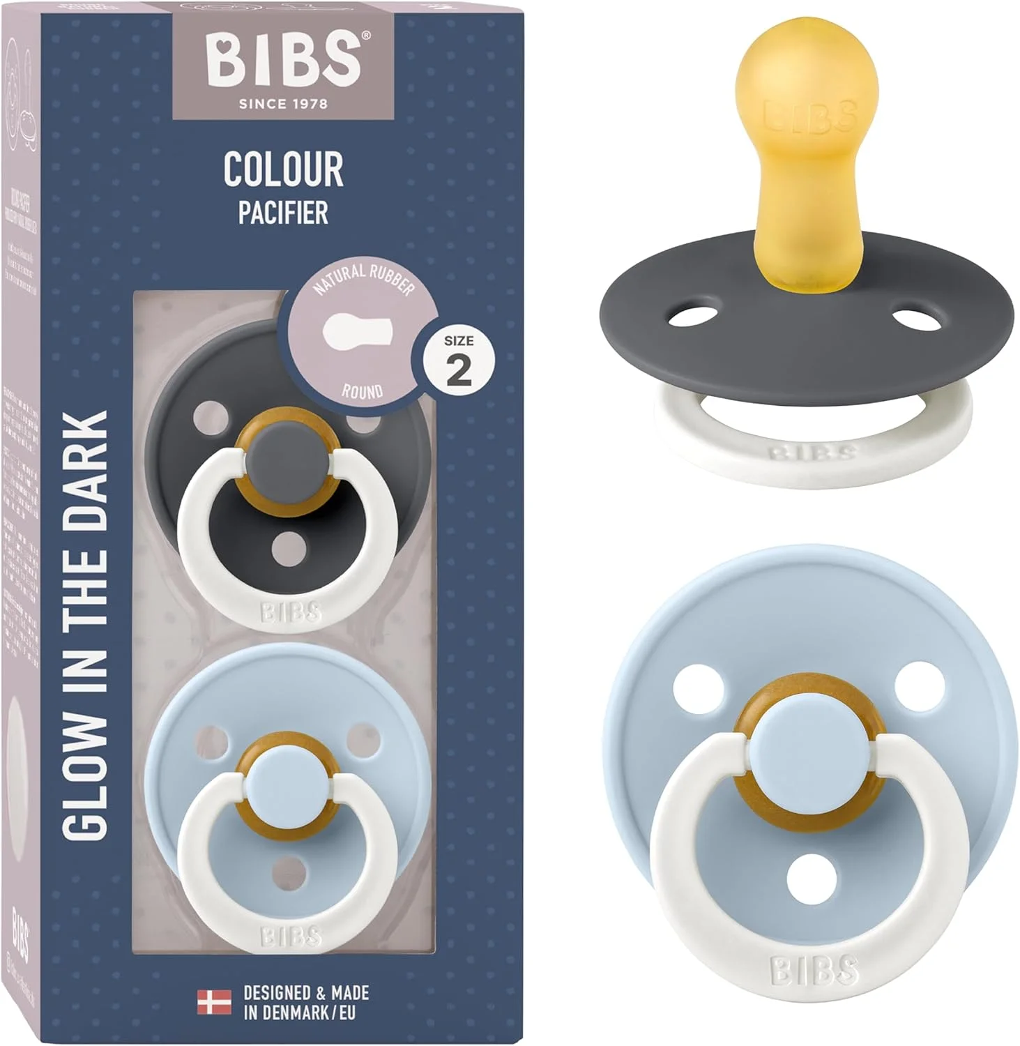 پستانک شب‌تاب Bibs Colour، بسته‌ی 2 عددی، پستانک بدون BPA، سرگرد از جنس لاتکس طبیعی، سایز 2 مناسب 6 تا 18 ماه، رنگ‌های آبی و سرمه‌ای شب/آبی روشن شب، (بسته‌ی 2 عددی)