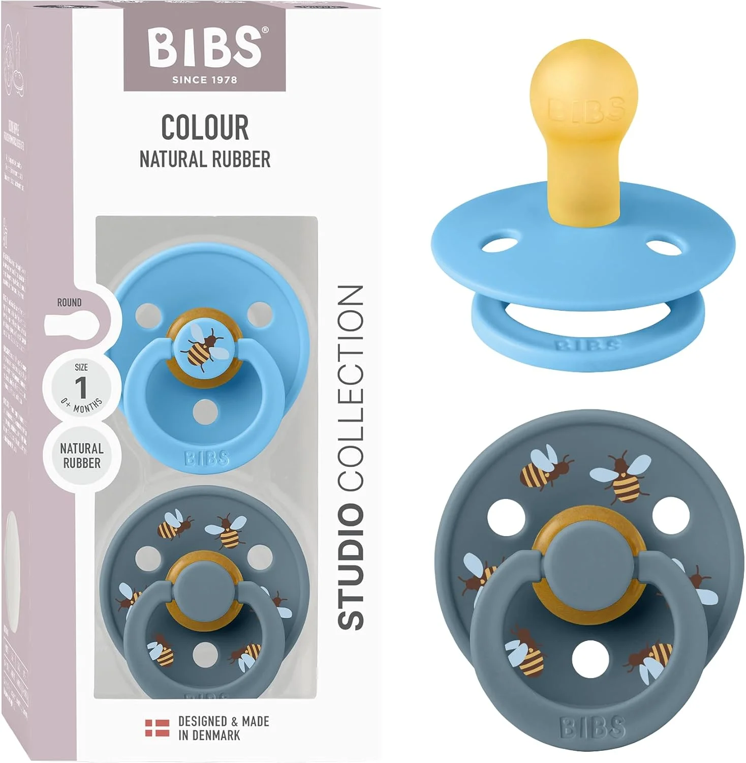 پستانک ارتودنسی 2 عددی BIBS Studio Colour - مدل Bumblebee، سایز 1 (0-6 ماه) - ترکیب Breeze - پستانک های لاستیکی طبیعی بدون BPA