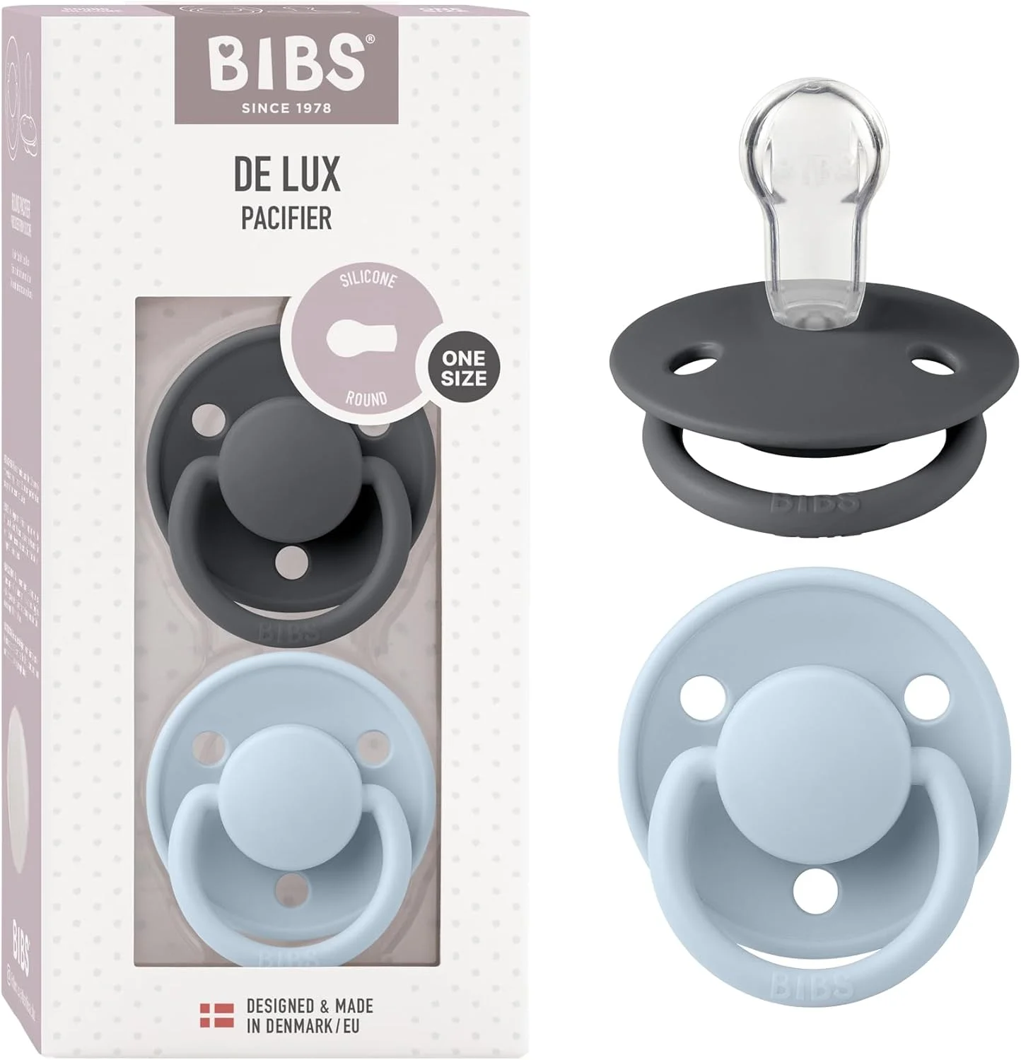 پستانک ارتودنسی 2 عددی Bibs De Lux، فاقد BPA، پستانک سیلیکونی گرد، سایز OneSize مناسب 0 تا 36 ماه، رنگ آهن/آبی کودک