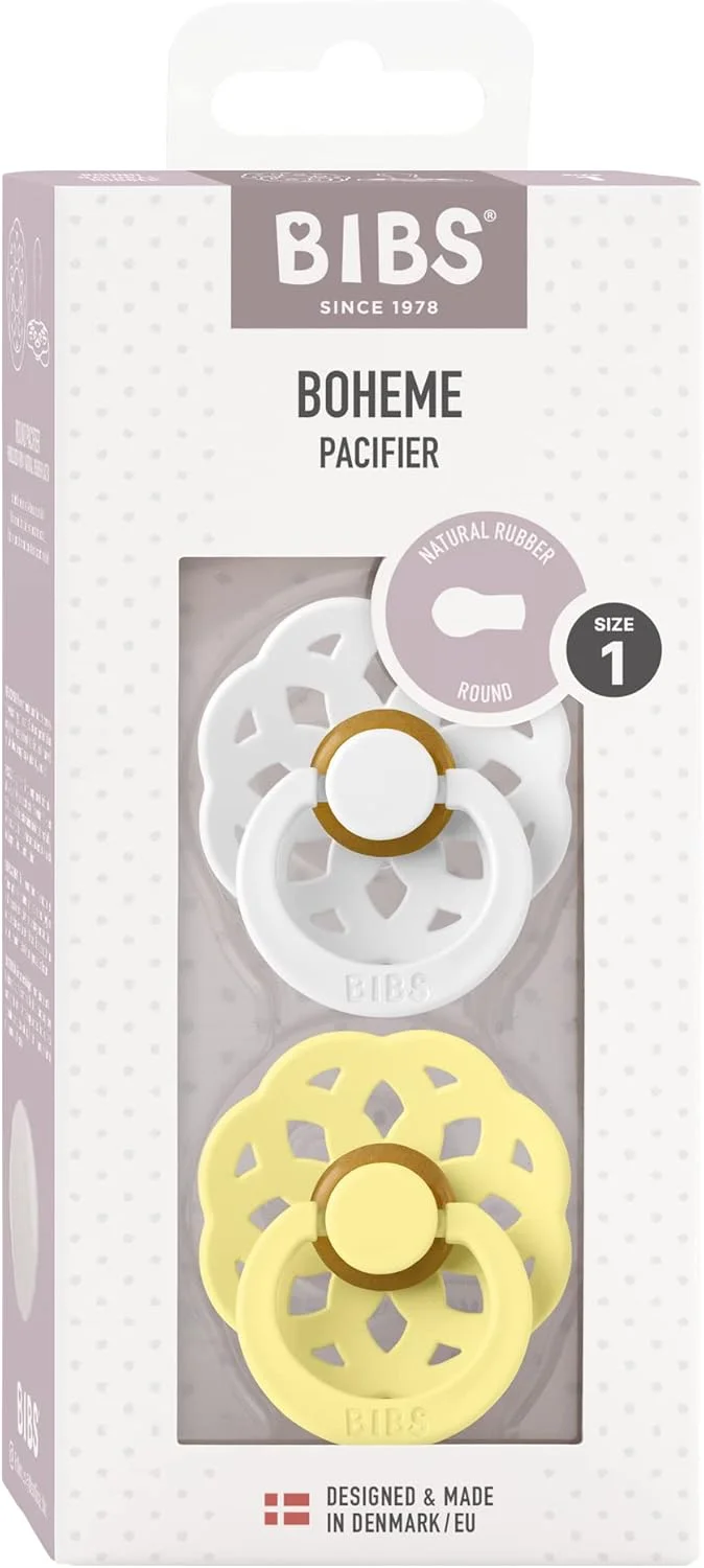 پستانک کودک Bibs مدل Boheme، ساخته شده از لاتکس لاستیک طبیعی، سر گرد، حساس به پوست دهان، نرم، انعطاف پذیر، برای نوزادان تا 6 ماه، بدون BPA، رنگ سفید/آفتابی، بسته 2 عددی، سایز 1