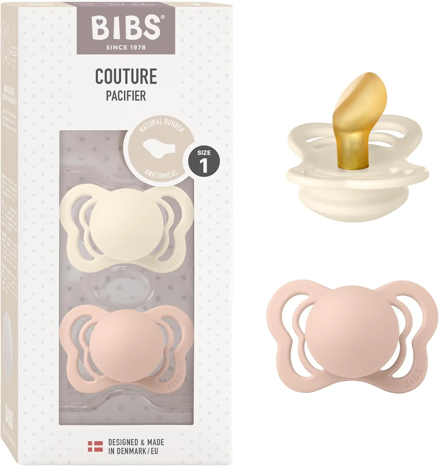 پستانک کودک BIBS Couture بسته 2 عددی | ساخت دانمارک | پستانک ارتودنسی بدون BPA، لاتکس لاستیک طبیعی، سایز 1 (0-6 ماه)، عاجی / سرخابی