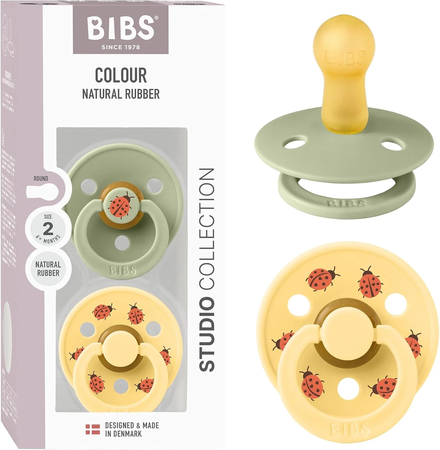 پستانک ارتودنسی 2 عددی BIBS Studio Colour – طرح کفشدوزک، لاتکس سایز 2 (6-18 ماه) – ترکیب رنگ Sage – فاقد BPA و ساخته شده از لاستیک طبیعی