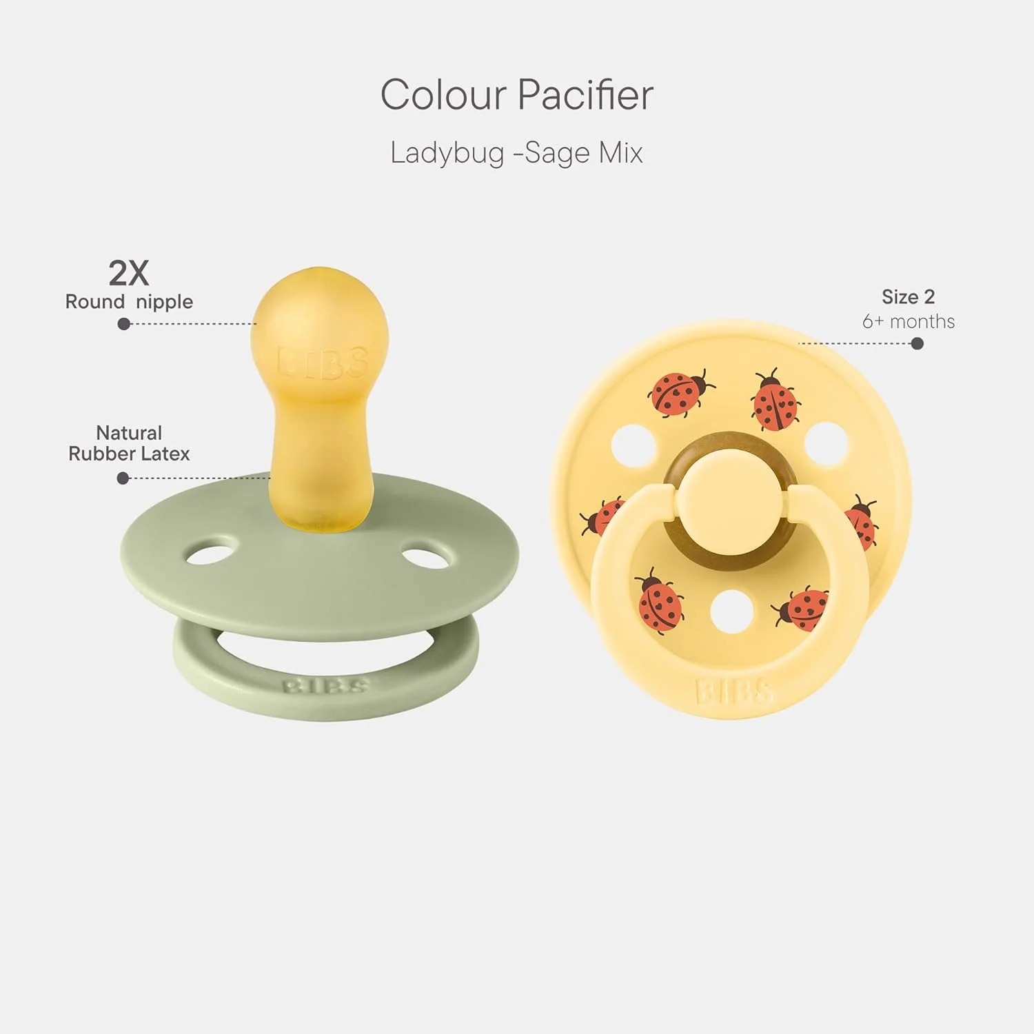 پستانک ارتودنسی 2 عددی BIBS Studio Colour – طرح کفشدوزک، لاتکس سایز 2 (6-18 ماه) – ترکیب رنگ Sage – فاقد BPA و ساخته شده از لاستیک طبیعی