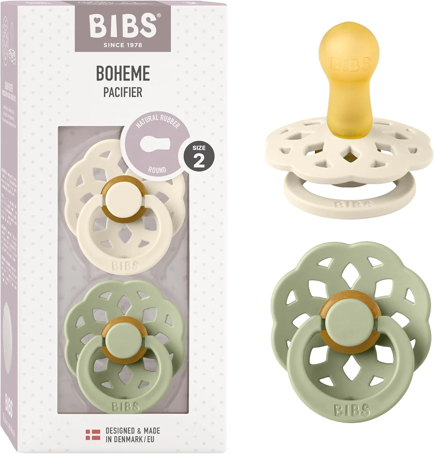 پستانک گرد لاتکس طبیعی Bibs Boheme سایز 2 (6-18 ماه) بسته 2 عددی - عاجی/مریم گلی