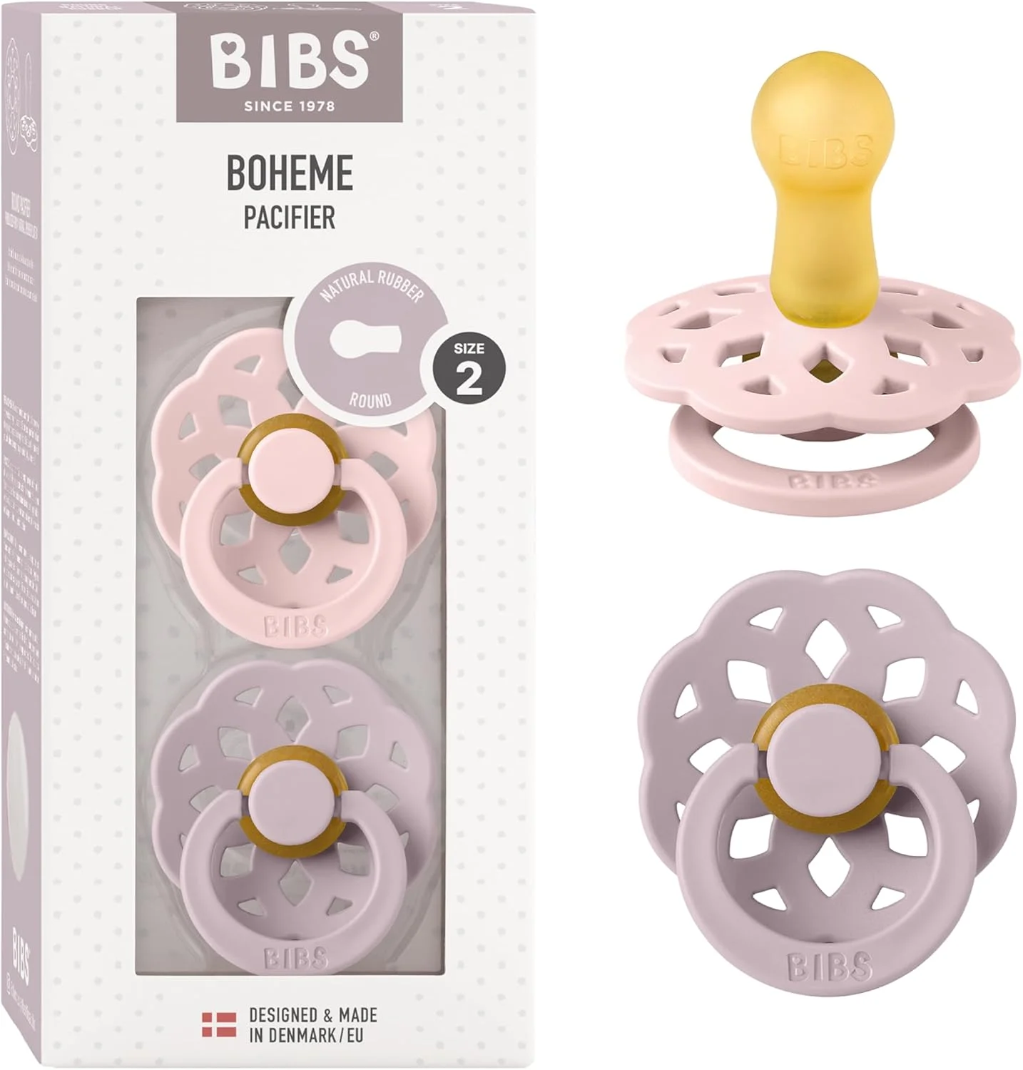 پستانک گرد لاتکس طبیعی Bibs Boheme سایز 2-6-18 ماهگی بسته 2 عددی - Blossom/DuskyLilac