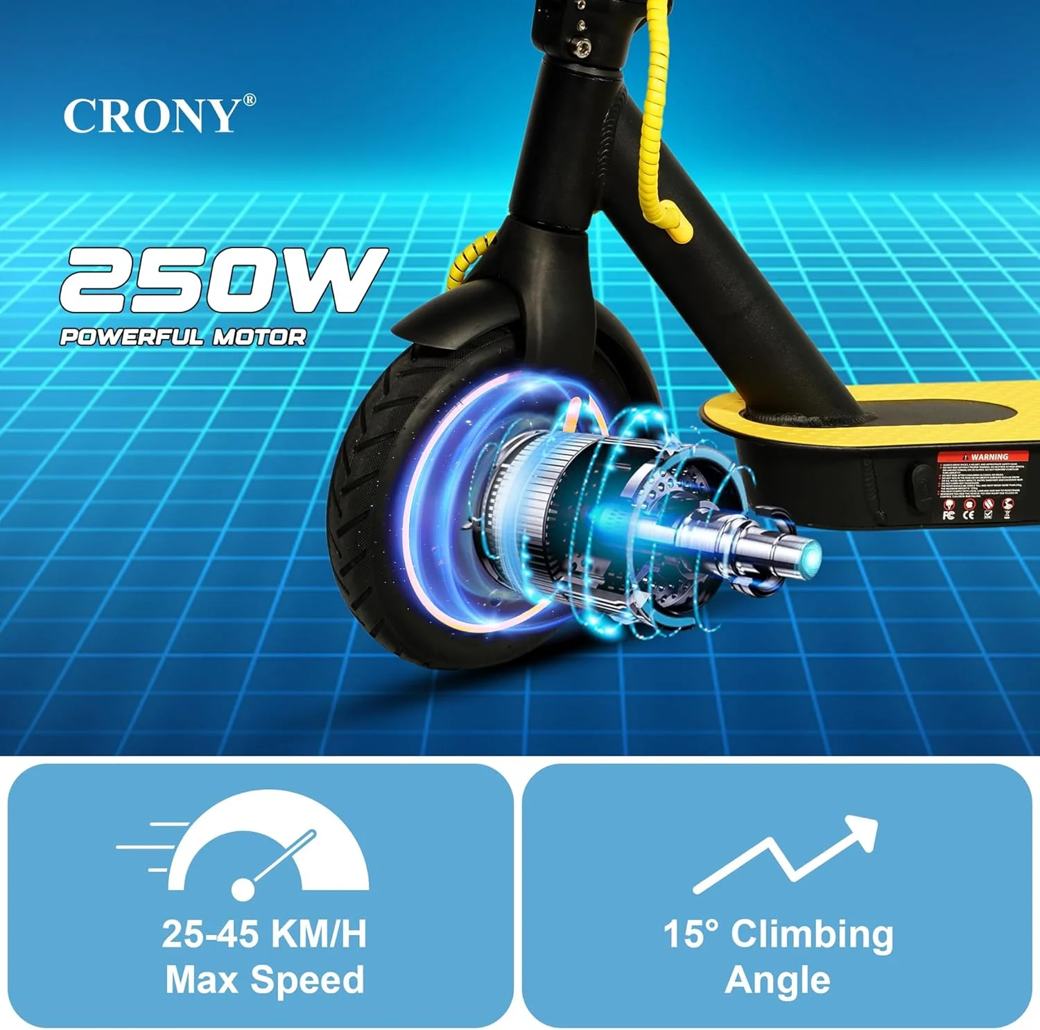 اسکوتر برقی تاشو CRONY M365، اسکوتر سبک وزن برای رفت و آمد بزرگسالان و کودکان، موتور 250 وات، کنترل هوشمند برنامه، حداکثر سرعت 25-45 کیلومتر در ساعت، برد 10-25 کیلومتر، زرد