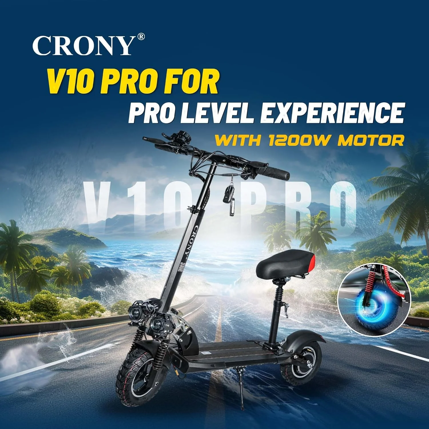 اسکوتر برقی کرونی V10 Pro برای بزرگسالان و کودکان، دارای سیستم تعلیق دوگانه و ترمز دوگانه، چراغ های جلوی LED سه گانه و چراغ های پایه LED، سرعت 45-68 کیلومتر در ساعت، اسکوتر برقی 10 اینچی آفرود، مشکی