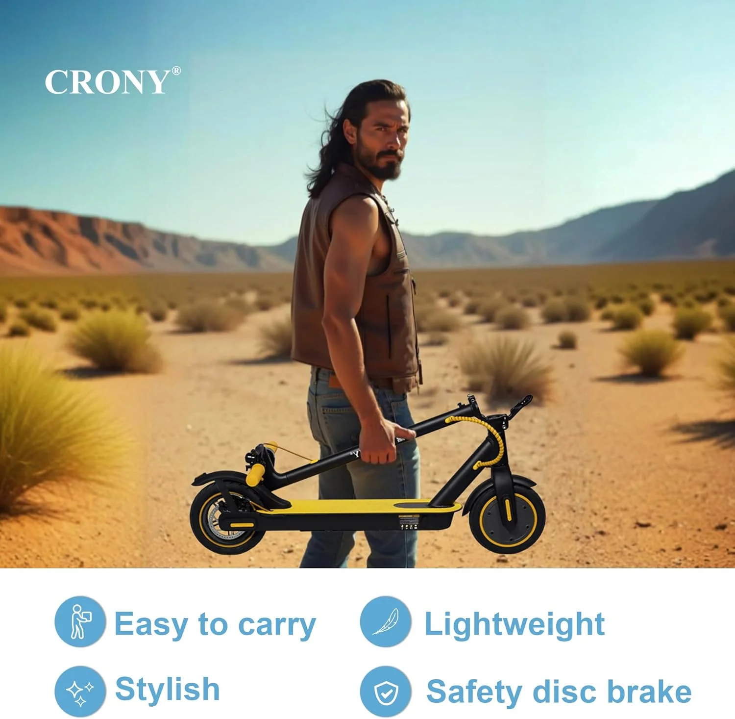 اسکوتر برقی تاشو CRONY M365، اسکوتر سبک وزن برای رفت و آمد بزرگسالان و کودکان، موتور 250 وات، کنترل هوشمند برنامه، حداکثر سرعت 25-45 کیلومتر در ساعت، برد 10-25 کیلومتر، زرد