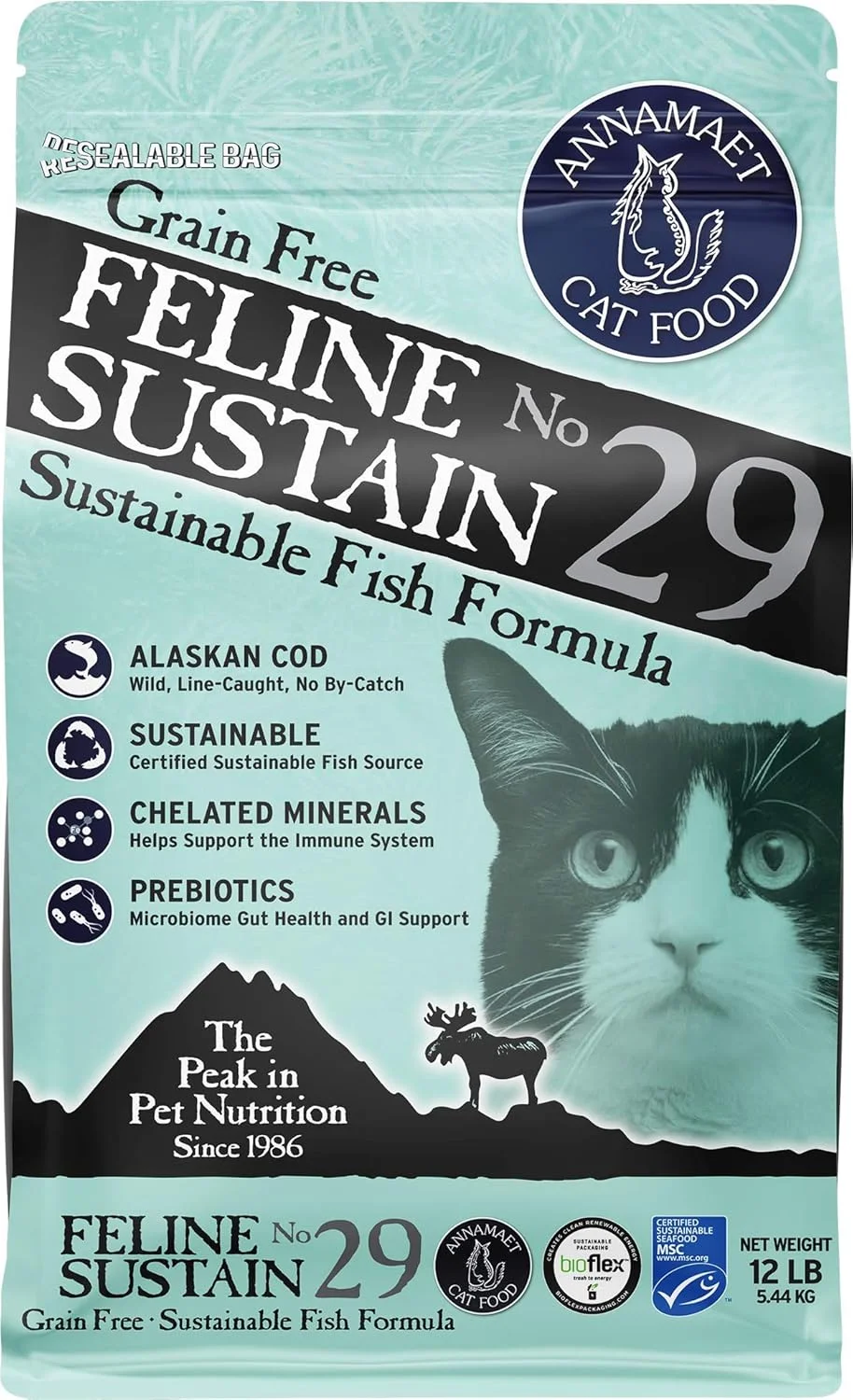 غذای خشک گربه بدون غلات Annamaet Feline Sustain No. 29 (کد صید شده با قلاب و بوقلمون آزاد)، کیسه 12 پوندی