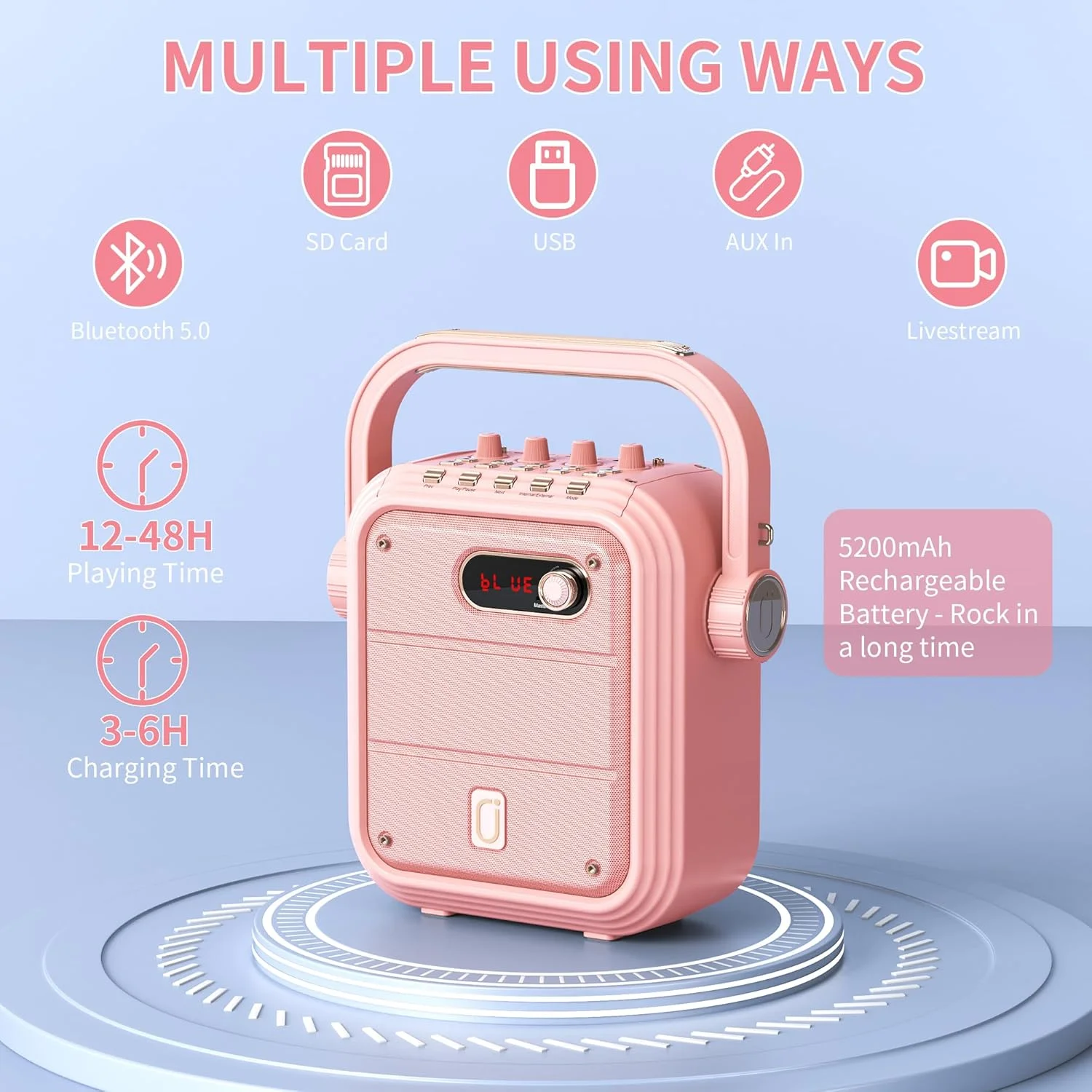 دستگاه کارائوکه JYX با 2 میکروفون بی سیم، سیستم بلندگوی قابل حمل با TWS، FM، REC، ساب ووفر، باتری قابل شارژ، بلوتوث 5.0، پشتیبانی از BT/USB/TF Card/Aux برای خانه، مهمانی، رویدادها، صورتی دستگاه کارائوکه JYX با 2 میکروفون بی سیم، سیستم بلندگوی قابل حمل با TWS، FM، REC، ساب ووفر، باتری قابل شارژ، بلوتوث 5.0، پشتیبانی از BT/USB/TF Card/Aux برای خانه، مهمانی، رویدادها، صورتی