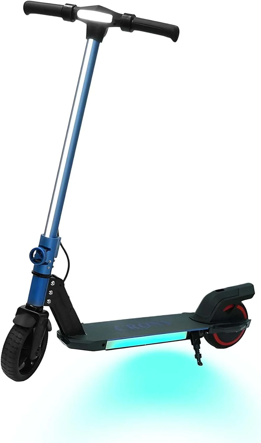 اسکوتر تاشو کودکانه CRONY با نوار نور LED، چراغ‌های عرشه RGB، ترمز الکترونیکی، نمایشگر LED، شتاب‌دهنده و زیرپایی توسعه‌یافته برای سنین 5-12 سال، تحمل وزن تا 100 کیلوگرم، آبی
