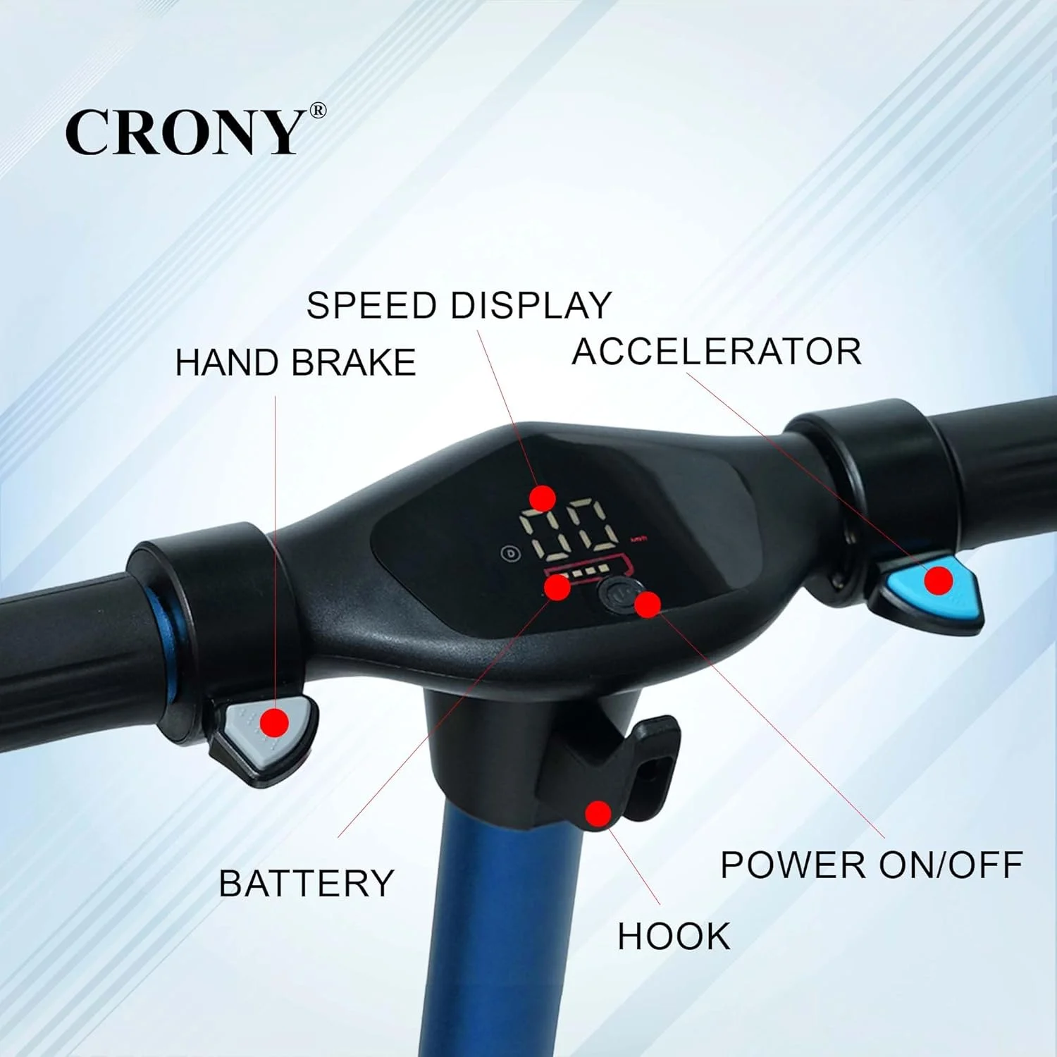 اسکوتر تاشو کودکانه CRONY با نوار نور LED، چراغ‌های عرشه RGB، ترمز الکترونیکی، نمایشگر LED، شتاب‌دهنده و زیرپایی توسعه‌یافته برای سنین 5-12 سال، تحمل وزن تا 100 کیلوگرم، آبی