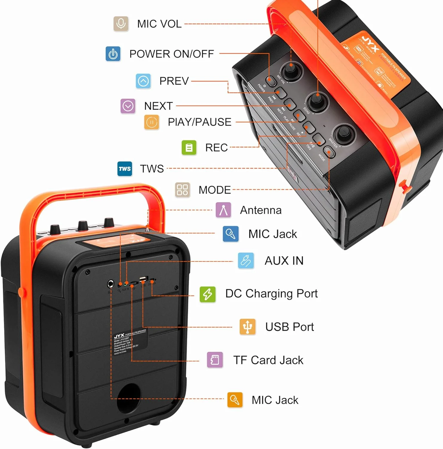 دستگاه کارائوکه قابل حمل JYX با میکروفون بی سیم، سیستم PA بلوتوث با TWS، FM، REC، کنترل از راه دور، پشتیبانی از کارت TF/AUX/USB، ایده آل برای کارائوکه خانگی، مهمانی، جلسه دستگاه کارائوکه قابل حمل JYX با میکروفون بی سیم، سیستم PA بلوتوث با TWS، FM، REC، کنترل از راه دور، پشتیبانی از کارت TF/AUX/USB، ایده آل برای کارائوکه خانگی، مهمانی، جلسه