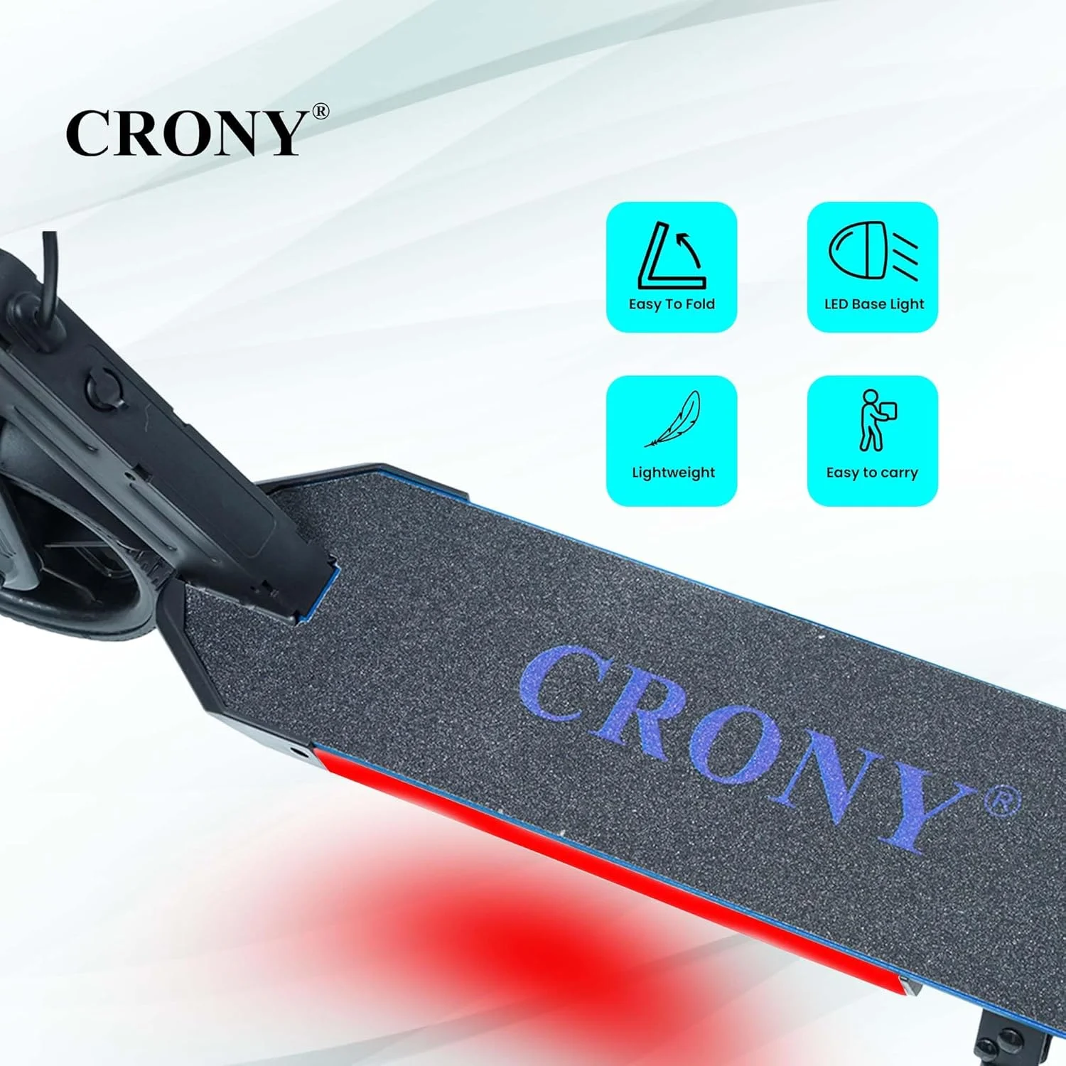 اسکوتر تاشو کودکانه CRONY با نوار نور LED، چراغ‌های عرشه RGB، ترمز الکترونیکی، نمایشگر LED، شتاب‌دهنده و زیرپایی توسعه‌یافته برای سنین 5-12 سال، تحمل وزن تا 100 کیلوگرم، آبی