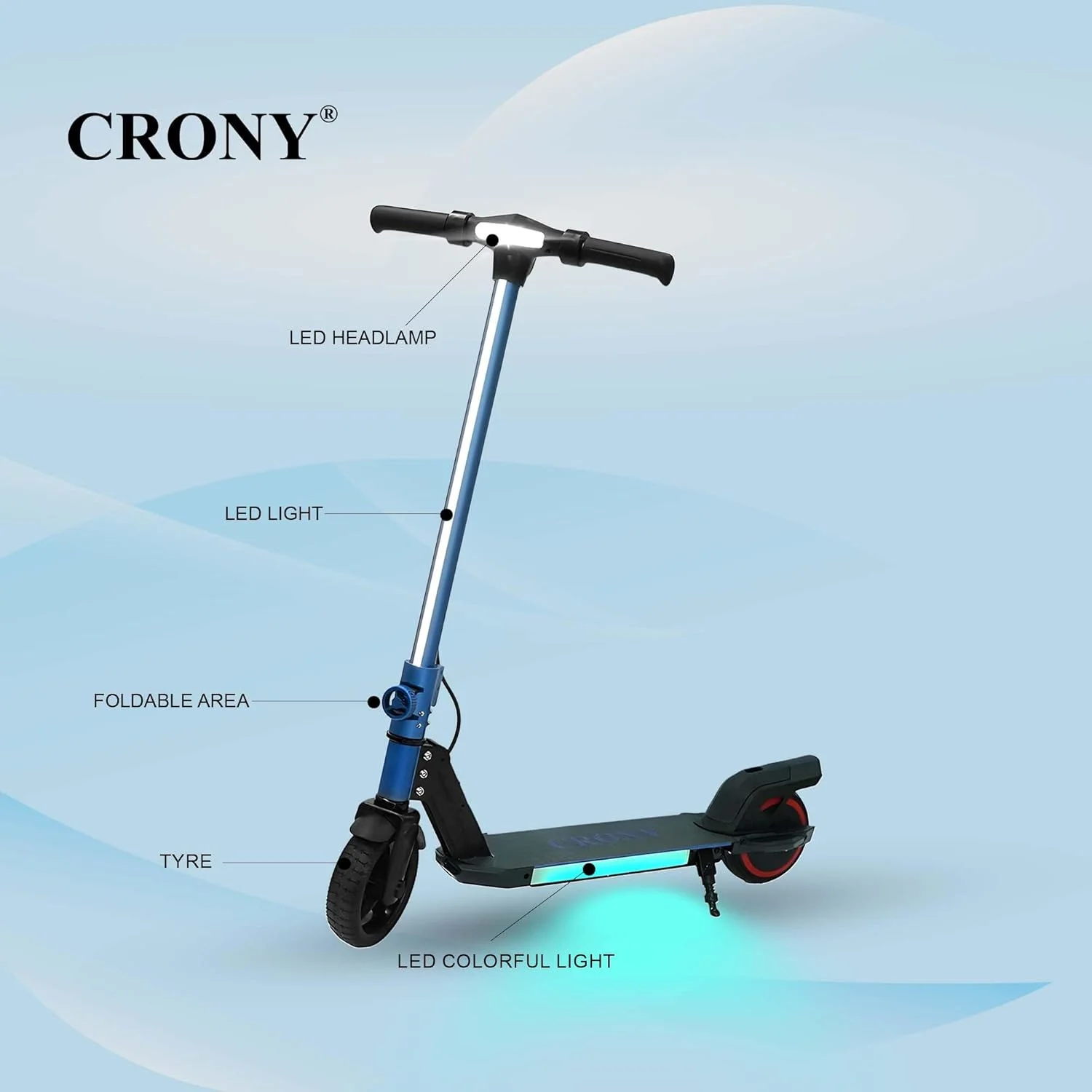 اسکوتر تاشو کودکانه CRONY با نوار نور LED، چراغ‌های عرشه RGB، ترمز الکترونیکی، نمایشگر LED، شتاب‌دهنده و زیرپایی توسعه‌یافته برای سنین 5-12 سال، تحمل وزن تا 100 کیلوگرم، آبی